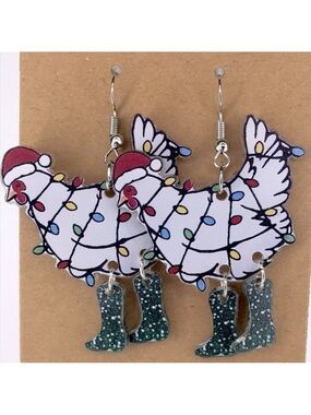 Christmas Chicken With Lights Earrings 2D Acrylic Cartoon Fashion Jewelry